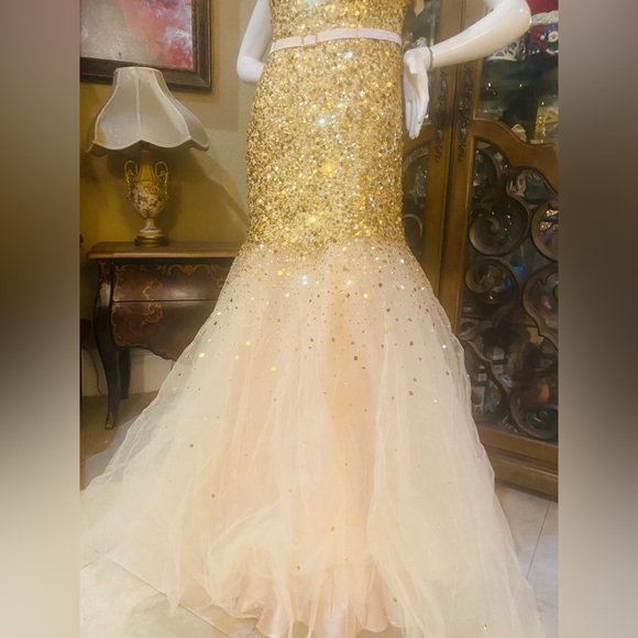 Niki Livas Gold Sequins Cream Tulle Strapless Contouring Gown Sz 10 - Picture 5 of 10